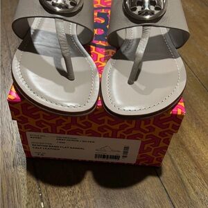 Tory Burch Gray Sandals with Signature Medallion Worn Once